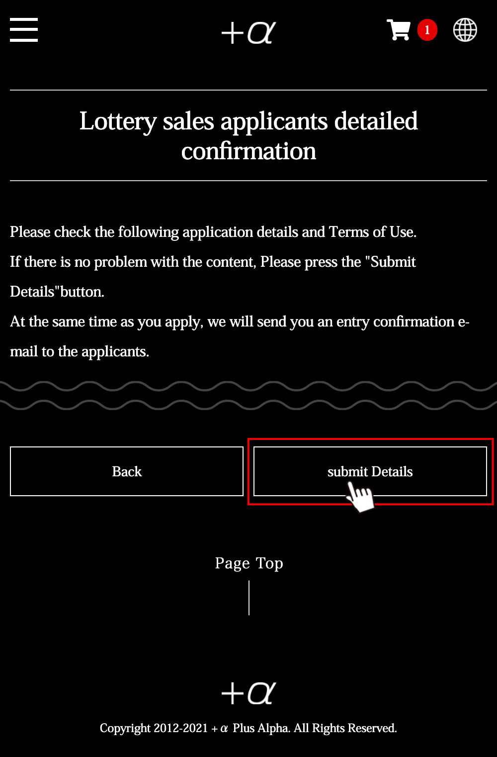 Confirmation of order details, application completed